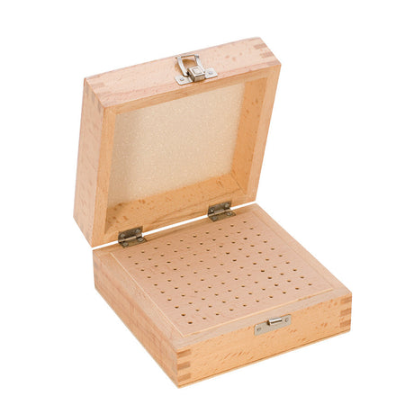 compact wooden box with 100 holes for organizing burs and small tools