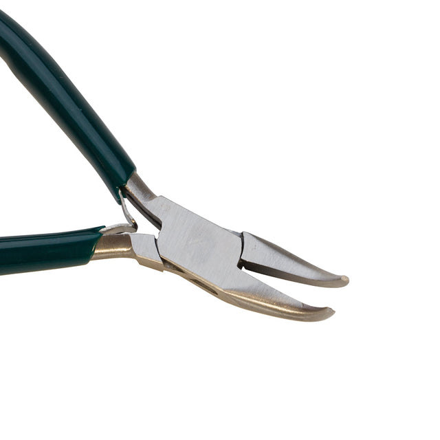 4-1/2 inch bent chain nose pliers with curved tips and black handles for precise gripping and cutting tasks