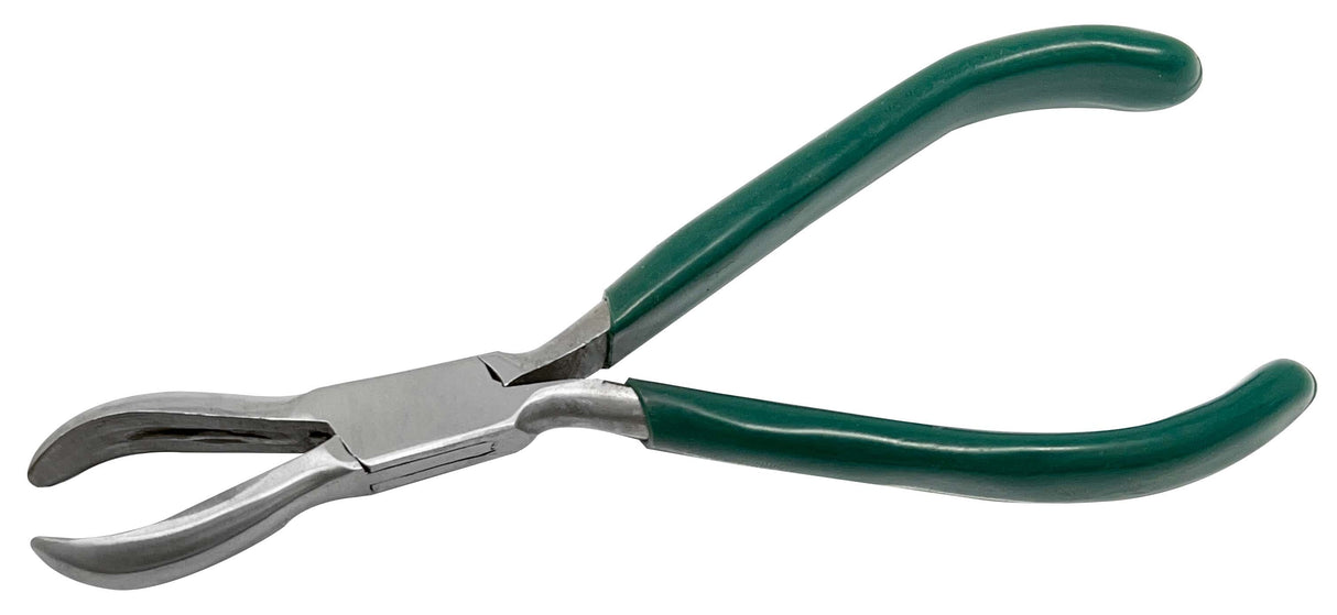 5-1/2 inch stainless steel ring holding pliers with hollow jaws and green cushioned grips for jewelry work