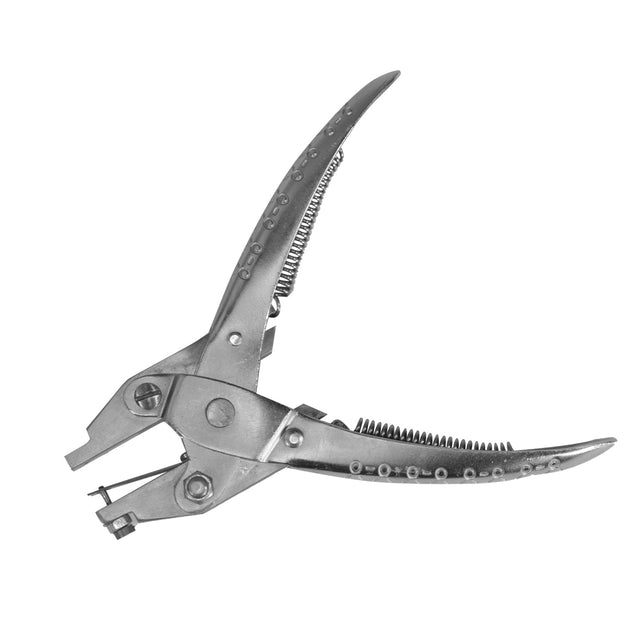 5-1/4" silver parallel-action hole punching pliers for metal sheets up to 18 gauge with replaceable pins and high leverage design
