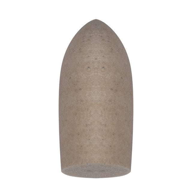 Pointed Felt Cone polishing accessory made of hard-density felt, 1" x 2", with central pin hole for detailed finishing on tight or concave surfaces
