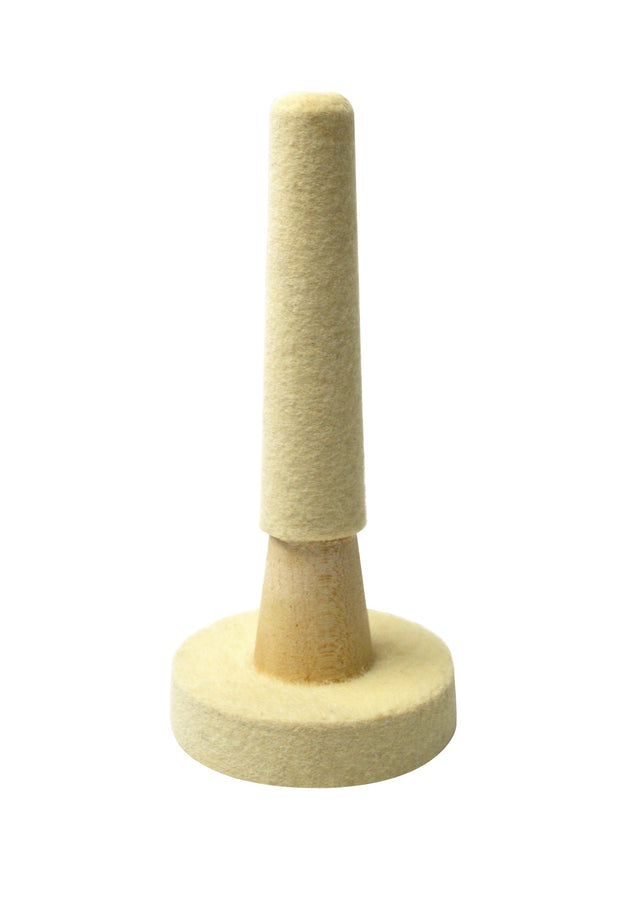 Felt buff for inside rings and bracelets with tapered wood mandrel for precise polishing and high-luster finish