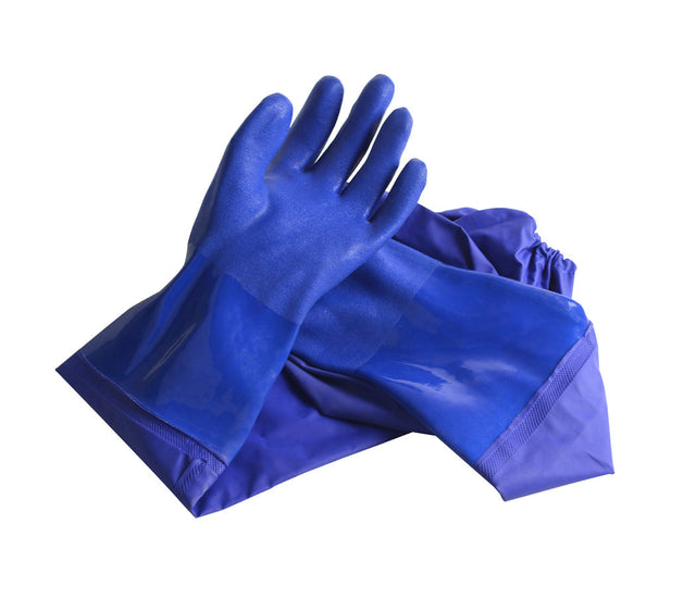 26-inch blue oil resistant PVC panning gloves with textured grip and forearm protection