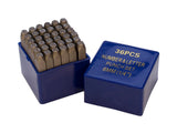36 piece punch letter and number stamp set with 1/4 inch tempered steel characters in a blue storage case