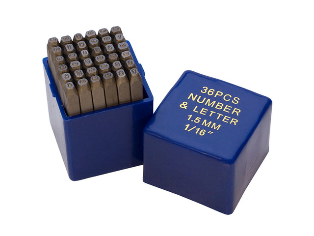 36 piece tempered steel punch letter and number stamp set in blue case with 1/16 inch characters