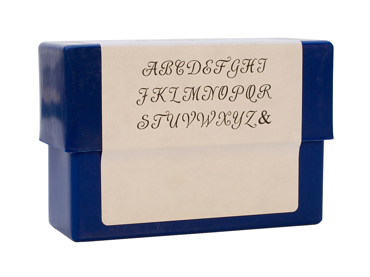 Monogram Alphabet Stamp Set 6MM Uppercase letters with ampersand in classic font in blue storage box
