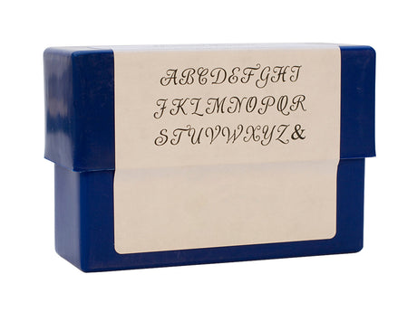 Monogram Alphabet Stamp Set 6MM Uppercase letters with ampersand in classic font in blue storage box