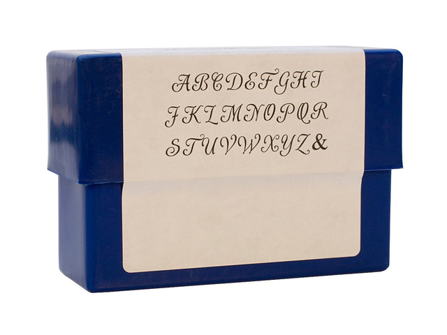 Monogram Alphabet Stamp Set 6MM Uppercase letters with ampersand in classic font in blue storage box