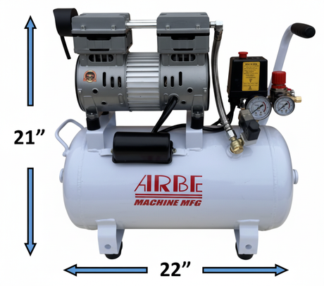 Compact ARBE SAC-010 space saving 6 gallon oil-less air compressor with dual piston pump and 1 HP motor
