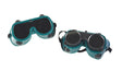 Pair of green welding goggles with adjustable strap and tinted lenses for eye protection