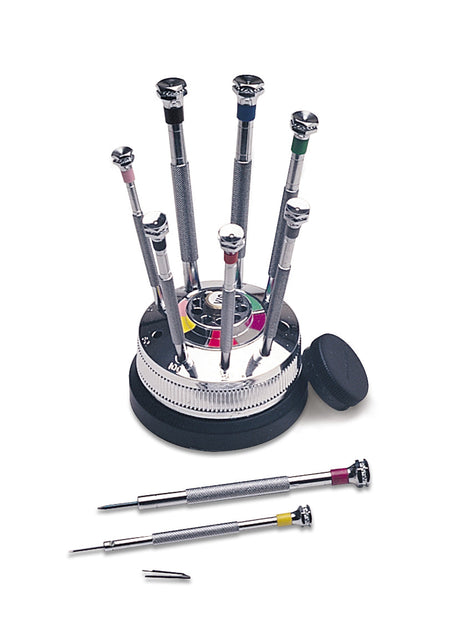 9 PC screwdriver set with compact stand and color-coded handles for home projects and repairs