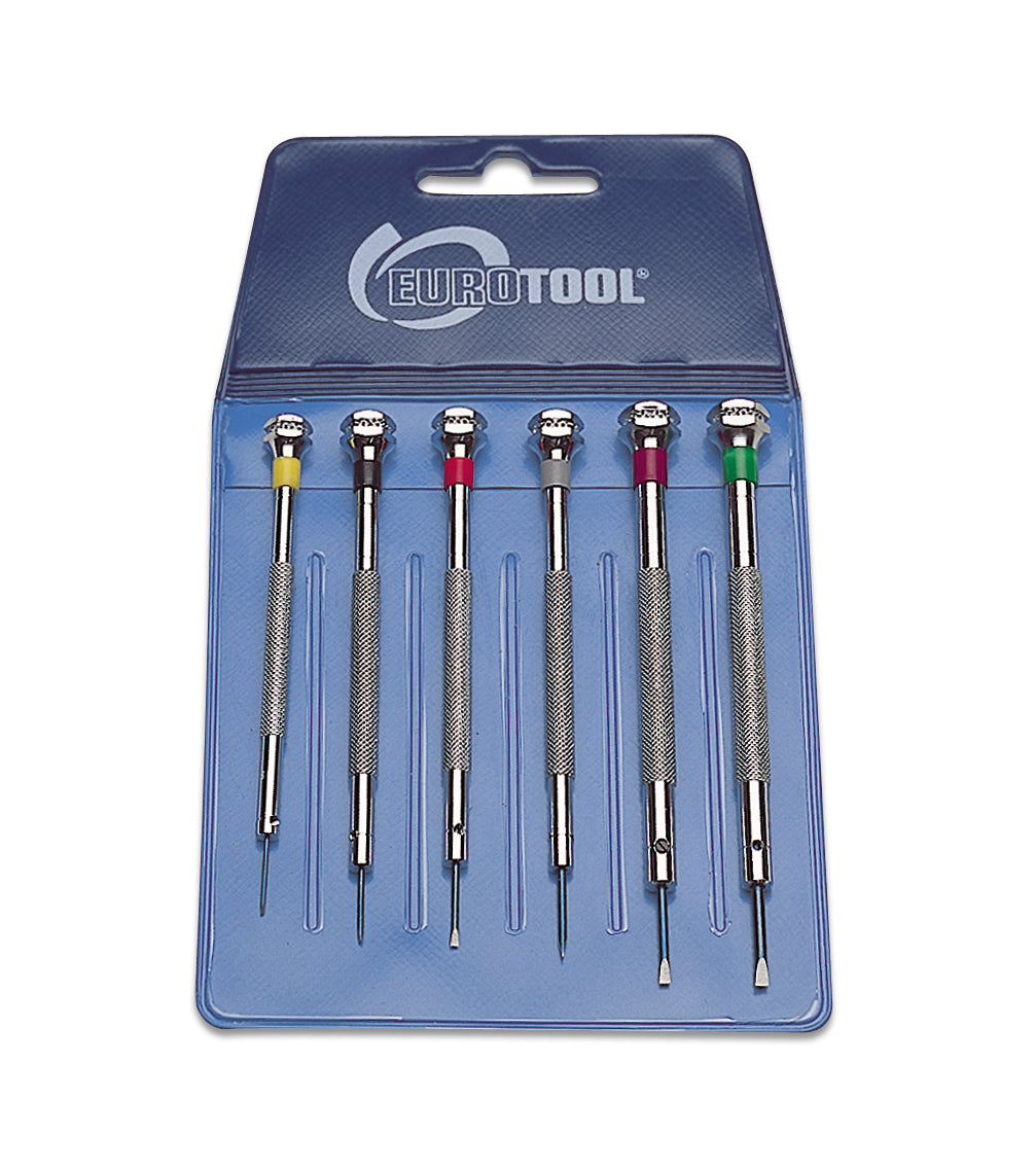 6 Piece Screwdriver Set with ergonomic handles and durable shafts in compact blue case for precision screw-type fasteners.