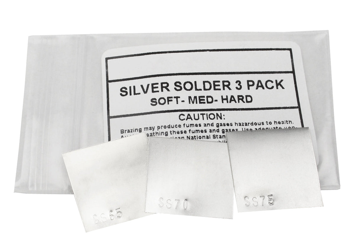3 piece silver solder sheet set with soft, medium, and hard 1 DWT sheets for jewelry making and metalwork