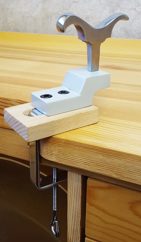 Workbench vise holder stand mounted on wooden workbench for mini stake forming tools