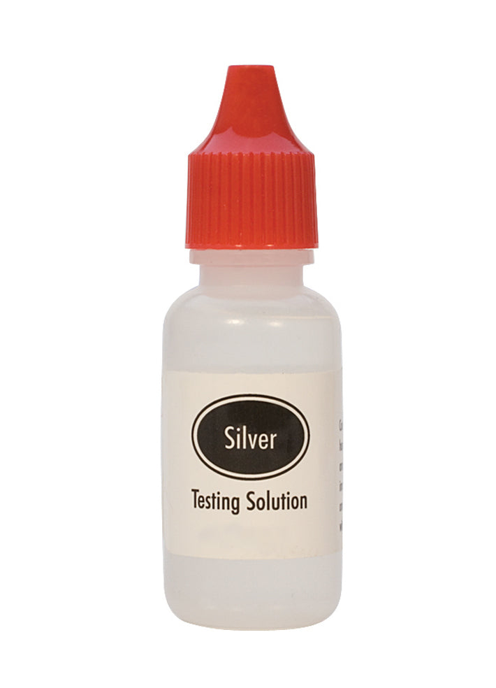 Bottle of silver testing acid solution with red dropper cap for precise metal analysis