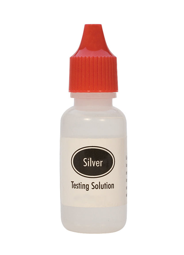Bottle of silver testing acid solution with red dropper cap for precise metal analysis