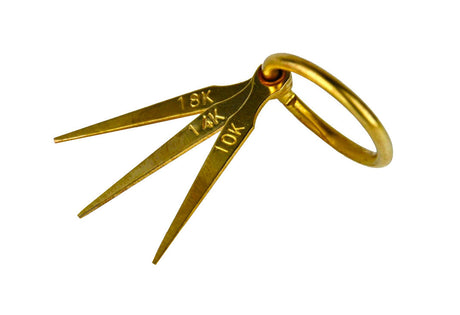 Gold Testing Needle Set with 10K, 14K, and 18K needles on a ring for precise gold karat verification