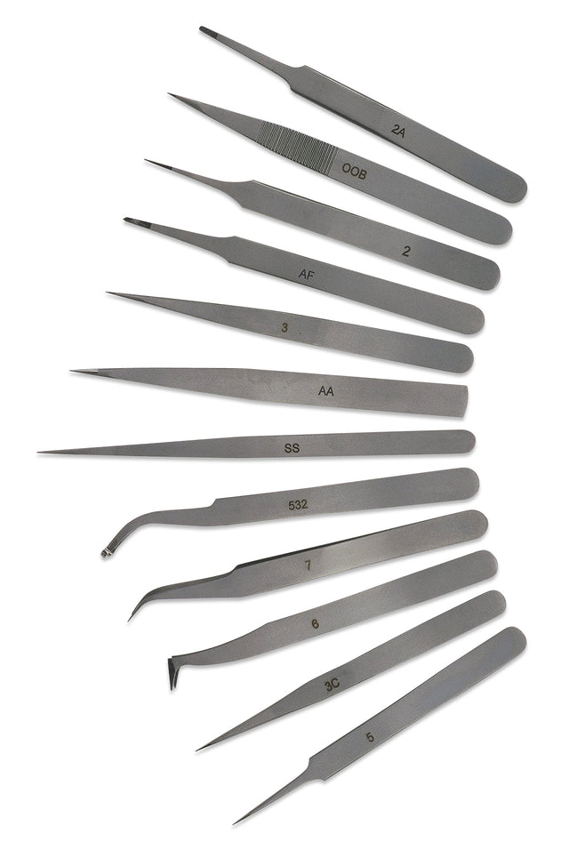 12-Piece Anti-Magnetic Stainless Steel Tweezers Set