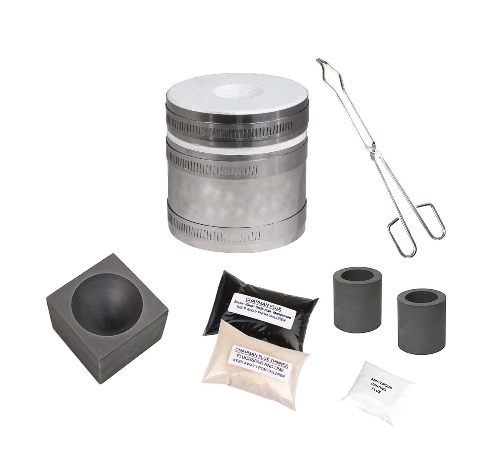 Deluxe Mini Pro Kiln Propane Assay Smelting Flux Furnace Kit with Single Cavity Graphite Conical Mold & Accessories